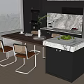 Modern Kitchen Interior Dining Table Set With Marble Countertop And Woven Chairs 3d model