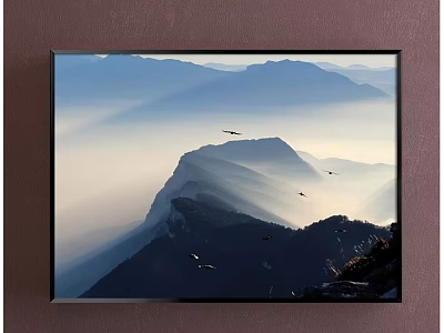 Scenic Mountain Landscape Painting With Misty Peaks And Flying Birds In Morning Light 3d model