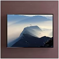 Scenic Mountain Landscape Painting With Misty Peaks And Flying Birds In Morning Light