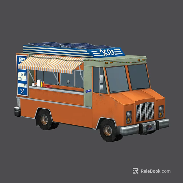 Commercial Orange Food Truck With Striped Awning Menu Board And Solar Panels 3d model 