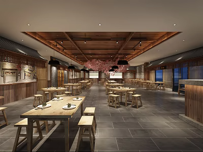 Spacious Japanese Restaurant Interior With Wooden Ceiling Cherry Blossom Decor And Long Tables 3d model