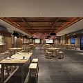 Spacious Japanese Restaurant Interior With Wooden Ceiling Cherry Blossom Decor And Long Tables