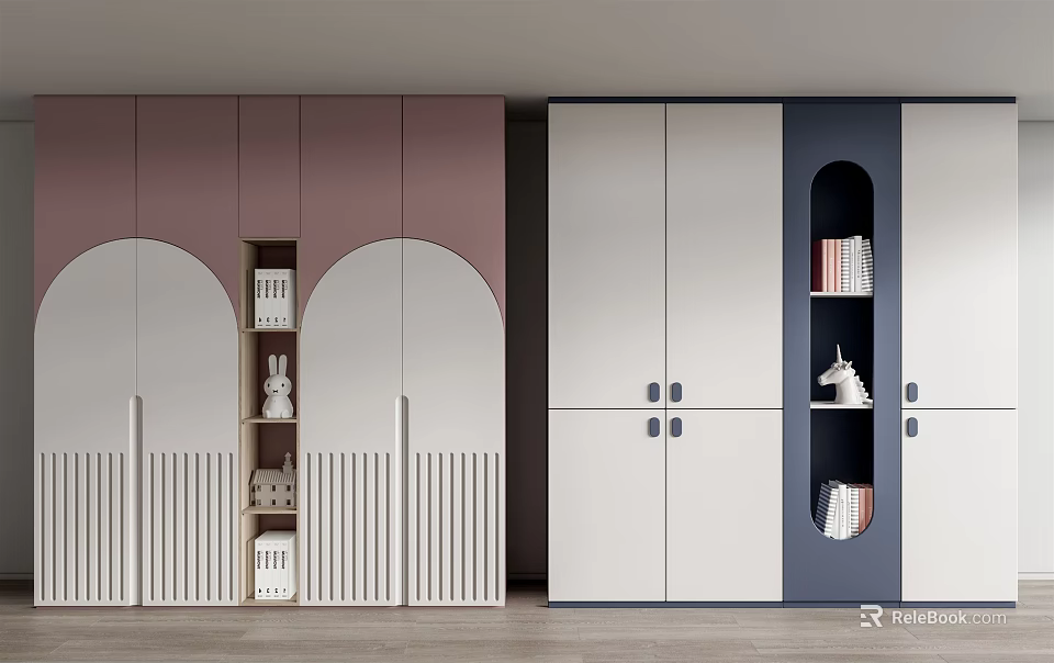 Contemporary Wardrobe Designs With Pink White Dark Blue Arched Open Shelves Holding Books And Decor 3d model 