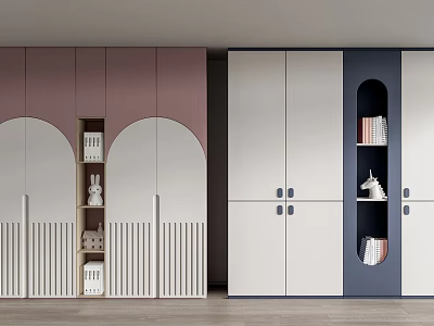 Contemporary Wardrobe Designs With Pink White Dark Blue Arched Open Shelves Holding Books And Decor 3d model
