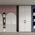 Contemporary Wardrobe Designs With Pink White Dark Blue Arched Open Shelves Holding Books And Decor