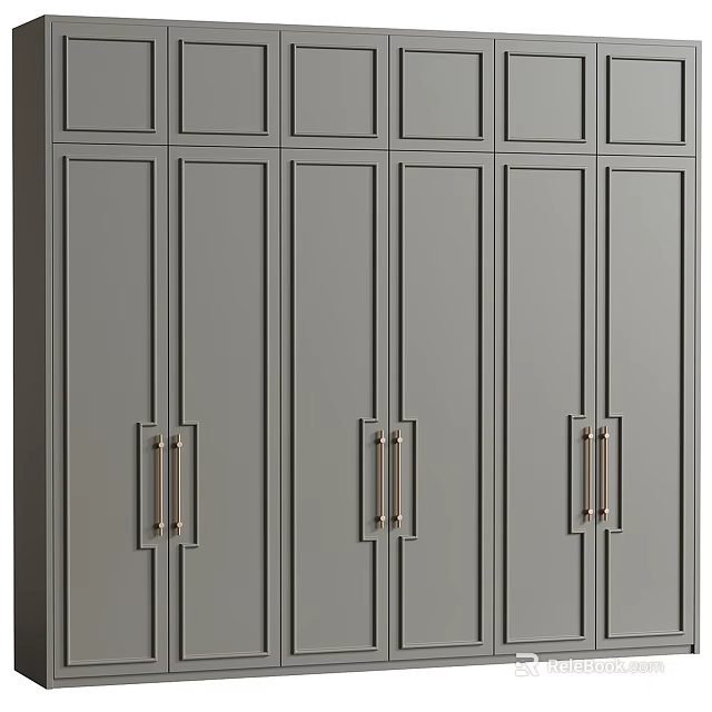 Modern Gray Paneled Wardrobe With Multiple Doors And Metal Handles Design 3d model 