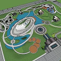 Modern Park Landscape With Lush Greenery Circular Plazas And Water Features