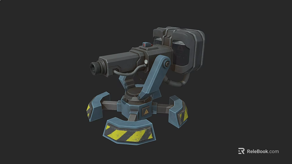 Mechanical Automatic Turret Weapon With Multi Legged Base And Yellow Black Warning Stripes 3d model 