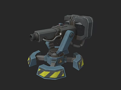 Mechanical Automatic Turret Weapon With Multi Legged Base And Yellow Black Warning Stripes 3d model