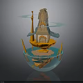 Floating Miniature Building Structure With Orange Base Transparent Blue Sphere Water And Small Fish