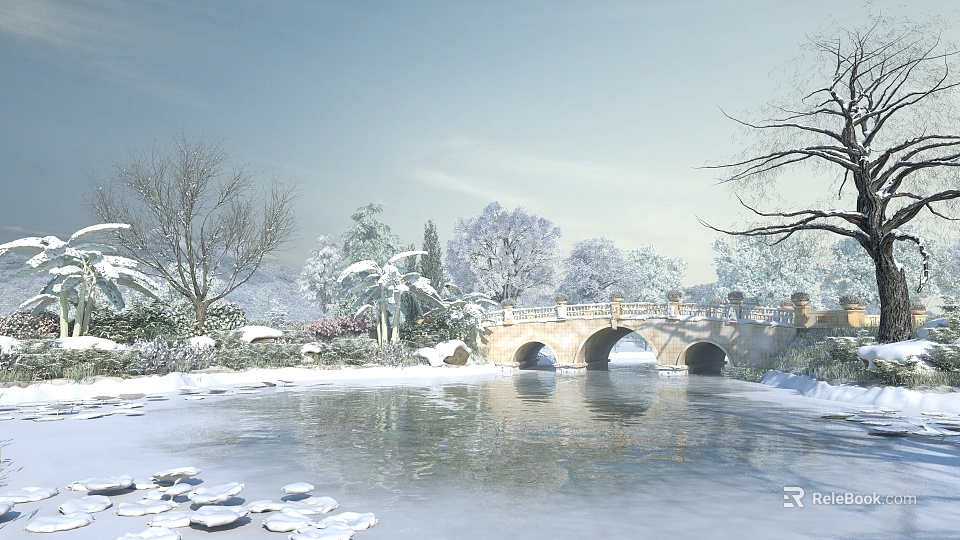 Snowy Winter Landscape With Frozen River Stone Bridge And Snow Covered Trees 3d model 