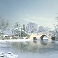 Snowy Winter Landscape With Frozen River Stone Bridge And Snow Covered Trees