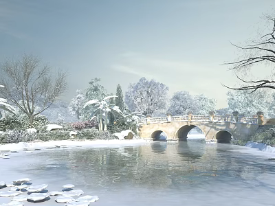 Snowy Winter Landscape With Frozen River Stone Bridge And Snow Covered Trees 3d model