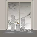 Traditional Stone Sculpture Carved Columns With Intricate Patterns Bonsai Plant And Decorative Stones