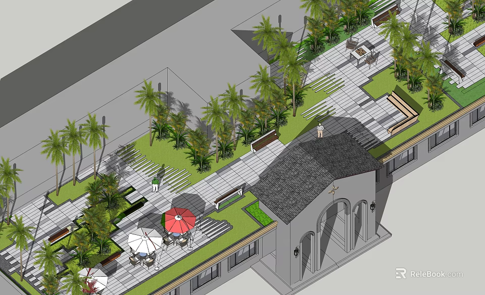 Roof Garden Design With Lush Palm Trees Seating Areas And Paved Walkways 3d model 