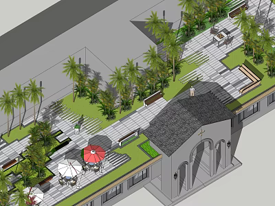 Roof Garden Design With Lush Palm Trees Seating Areas And Paved Walkways 3d model