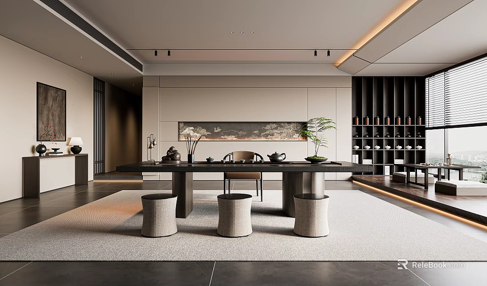 Modern Tea Room Interior Design With Long Table Stools Tea Sets Decorative Painting And Plant 3d model 