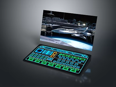 Illuminated Electronic Control Panel with Glowing Keyboard and Spaceship Night City Screen 3d model