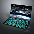 Illuminated Electronic Control Panel with Glowing Keyboard and Spaceship Night City Screen