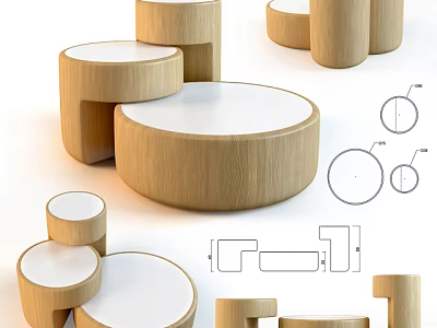 Modern Wooden Coffee Tables With Round Tops Stackable Design And Structural Line Details 3d model