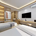 Modern Hotel Guest Room Featuring Twin Beds Wooden Walls Decorative Paintings And Window View