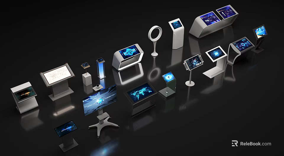 Public Facilities Featuring Various Modern Touchscreen Interactive Devices With Standalone Desktop And Circular Designs 3d model 