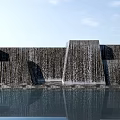 Modern Garden Feature With Waterfall Stone Wall And Reflection In Pond 3d model