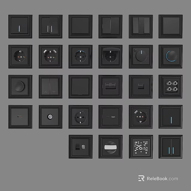 Modern Black Switch Panels With Various Designs Sockets And Digital Displays 3d model 