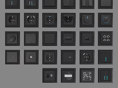Modern Black Switch Panels With Various Designs Sockets And Digital Displays 3d model