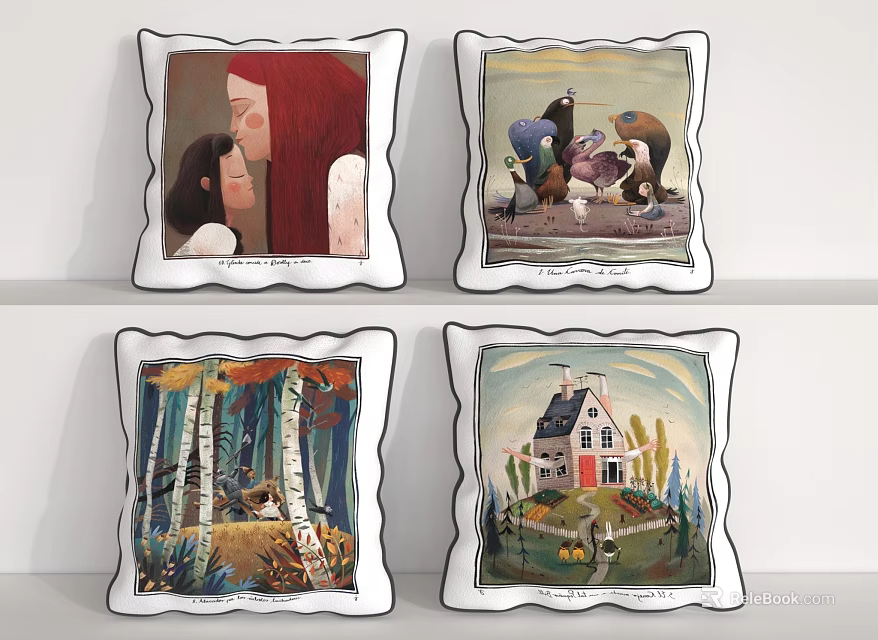 Decorative Throw Pillows With Artistic Illustrations Of People Animals Nature And House 3d model 
