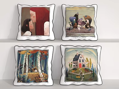 Decorative Throw Pillows With Artistic Illustrations Of People Animals Nature And House 3d model