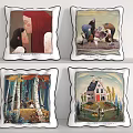 Decorative Throw Pillows With Artistic Illustrations Of People Animals Nature And House