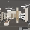 Warm Light Colored Modern Specialty Store Interior With Curved Shelves Counter Lighting And Displayed Merchandise