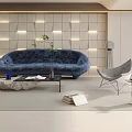 Modern Living Room With Blue Curved Sofa Lit Grid Wall And Marble Coffee Table