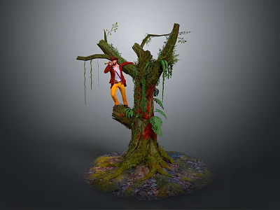 A Woman Climbing Ancient Tree With Red Top Yellow Pants And Lush Vines 3d model
