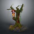 A Woman Climbing Ancient Tree With Red Top Yellow Pants And Lush Vines