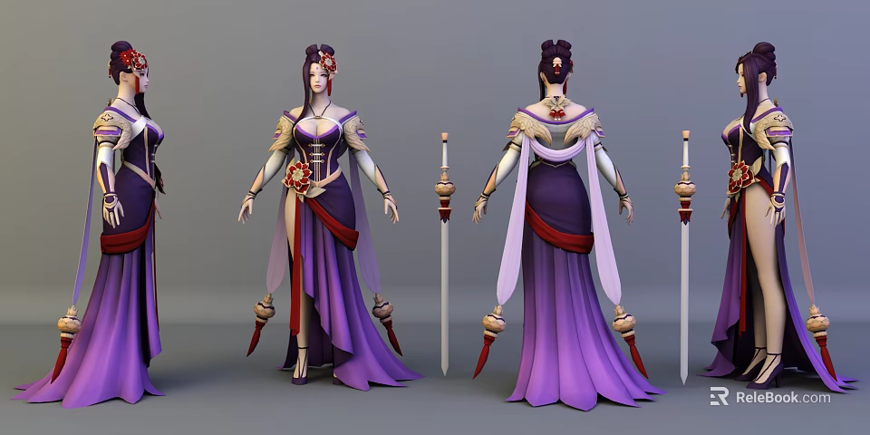 3D Model Female Character In Purple Dress With Red Decorations Holding Long Swords Multiple Angles 3d model 