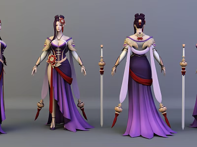 3D Model Female Character In Purple Dress With Red Decorations Holding Long Swords Multiple Angles 3d model