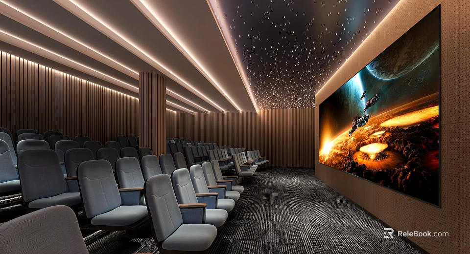 Cinema Interior Design With Gray Seats Large Screen Starry Ceiling Lights And Wooden Walls 3d model 