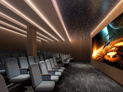 Cinema Interior Design With Gray Seats Large Screen Starry Ceiling Lights And Wooden Walls 3d model