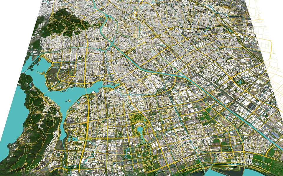 Aerial Urban Planning View With City Layout Road Network Water Bodies And Green Spaces 3d model 