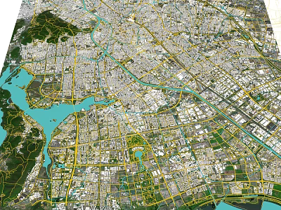 Aerial Urban Planning View With City Layout Road Network Water Bodies And Green Spaces 3d model