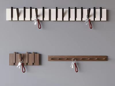 Modern Home Wall Key Hooks With Wooden And White Strip Designs For Keys 3d model