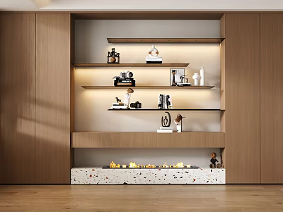 Modern Wooden Bookshelf with Layered Shelves Decorative Items and Illuminated Patterned Base Countertop 3d model