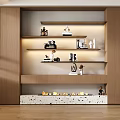 Modern Wooden Bookshelf with Layered Shelves Decorative Items and Illuminated Patterned Base Countertop