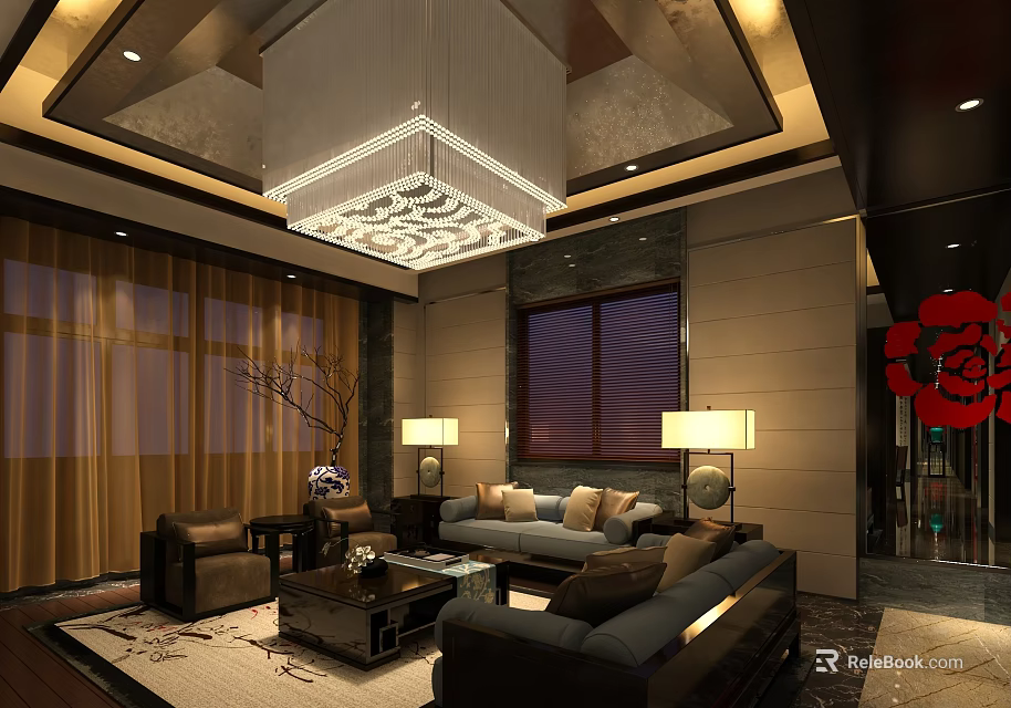 Luxurious KTV Lounge Interior With Comfortable Sofa Coffee Table Chandelier And Modern Decor 3d model 