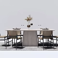 Modern Minimalist Dining Table Set With Wooden Table Six Leather Chairs And Vase Decor 3d model