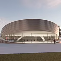 Modern Curved Building With Metal Facade Glass Windows Open Plaza Trees And People Walking