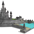 Ancient Stone Castle Architecture With Towers Moat Bridge And Courtyard