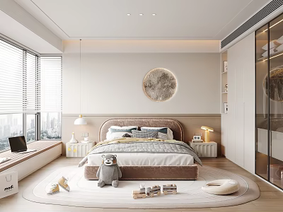 Spacious Modern Kids Room Design With Windows Bed Teddy Bear Round Rug Bookshelf And Desk 3d model